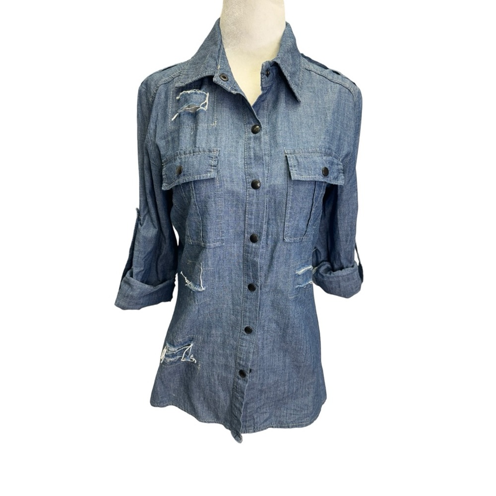Tribeca Blue Chambray Button Down Destructed Shirt Size S